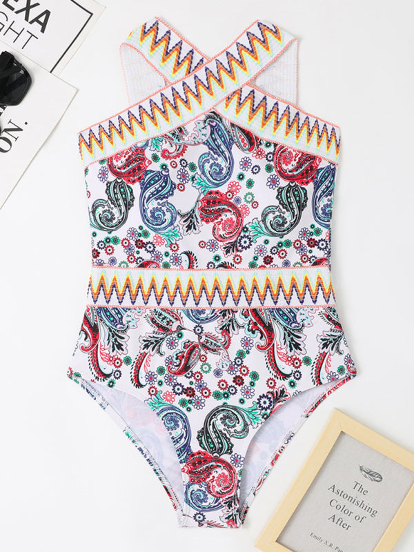 Women's Sexy Peris Print Cross Neck One Piece Swimsuit - Fashionpara