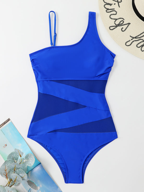 Splicing gauze one-piece swimsuit women's oblique shoulder bikini - Fashionpara
