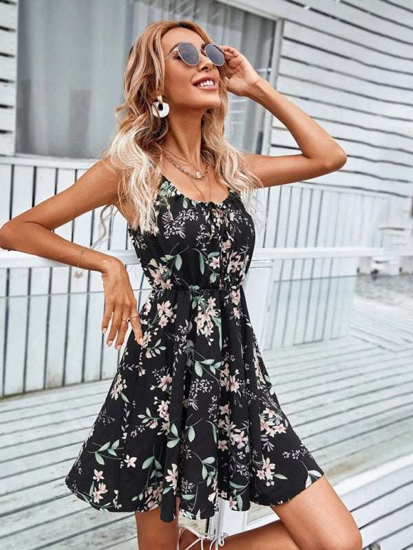 Summer New Elegant Sleeveless Dress Pullover Print Elastic Waist Suspender Skirt - Fashionpara