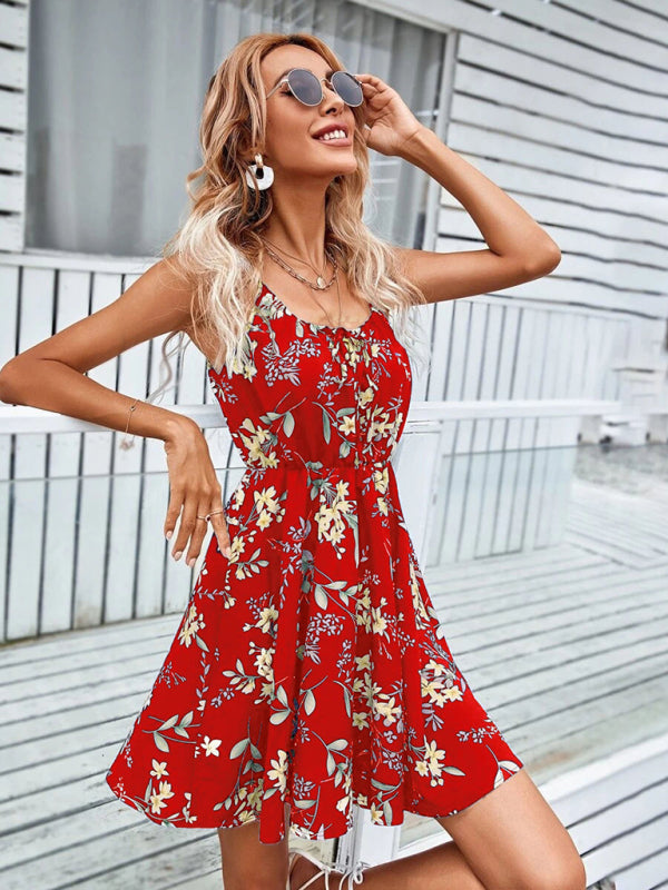 Summer New Elegant Sleeveless Dress Pullover Print Elastic Waist Suspender Skirt - Fashionpara