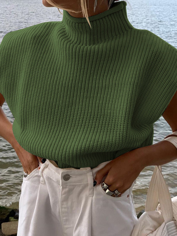 Turtleneck Color Solid Short-Sleeved Sweater Top 17