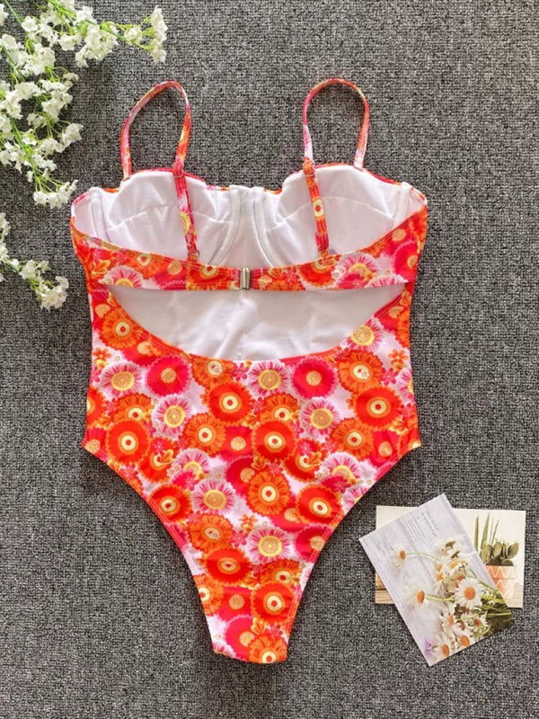 New flower one-piece low-cut high-cross swimsuit - Fashionpara