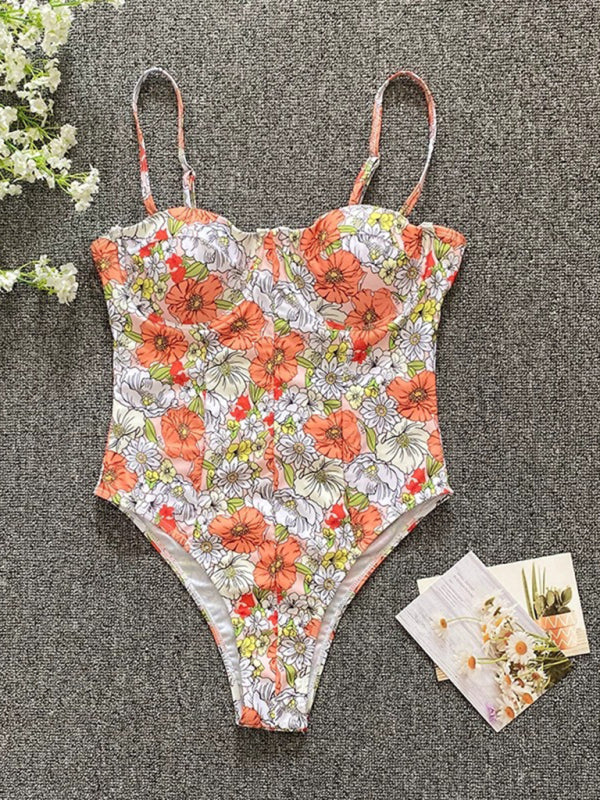 New flower one-piece low-cut high-cross swimsuit - Fashionpara