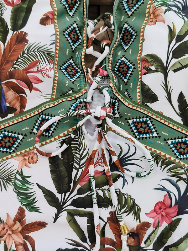 New deep V strappy one-piece swimsuit cashew flower print triangle one-piece swimsuit - Fashionpara