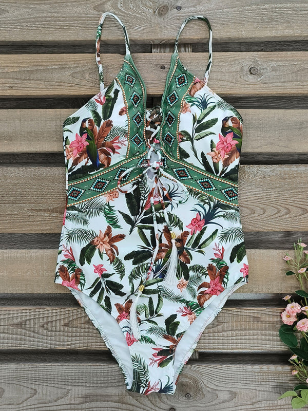 New deep V strappy one-piece swimsuit cashew flower print triangle one-piece swimsuit - Fashionpara