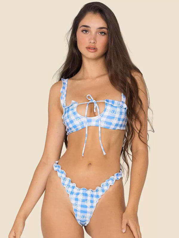 Women's new multi-color printed small fresh swimsuit lace split swimsuit bikini - Fashionpara