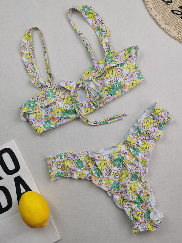 Women's new multi-color printed small fresh swimsuit lace split swimsuit bikini - Fashionpara
