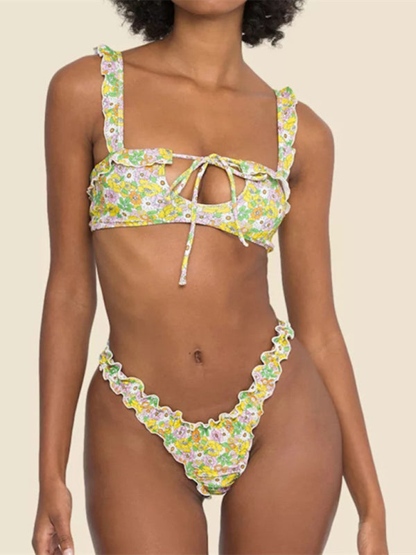 Women's new multi-color printed small fresh swimsuit lace split swimsuit bikini - Fashionpara