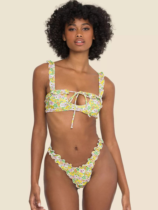 Women's new multi-color printed small fresh swimsuit lace split swimsuit bikini - Fashionpara