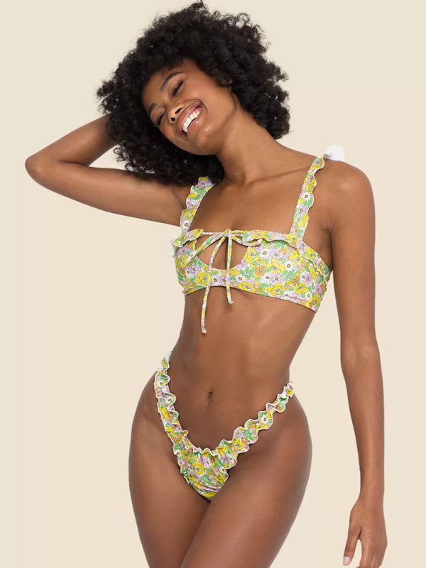 Women's new multi-color printed small fresh swimsuit lace split swimsuit bikini - Fashionpara