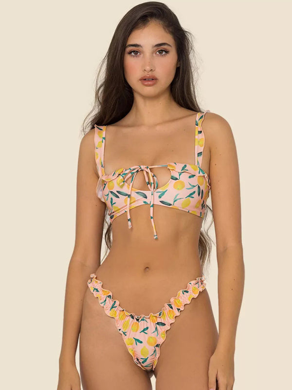 Women's new multi-color printed small fresh swimsuit lace split swimsuit bikini - Fashionpara