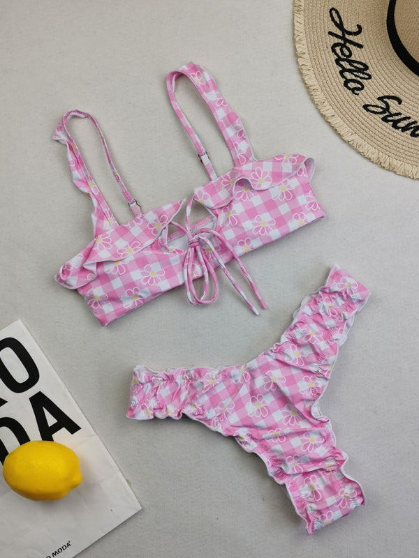Women's new multi-color printed small fresh swimsuit lace split swimsuit bikini - Fashionpara