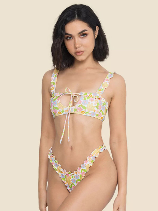 Women's new multi-color printed small fresh swimsuit lace split swimsuit bikini - Fashionpara