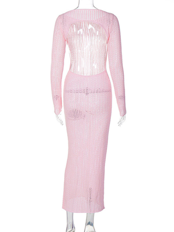 Wool sexy hollow backless mesh long-sleeved pure lust style long dress