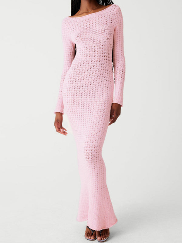 Wool sexy hollow backless mesh long-sleeved pure lust style long dress