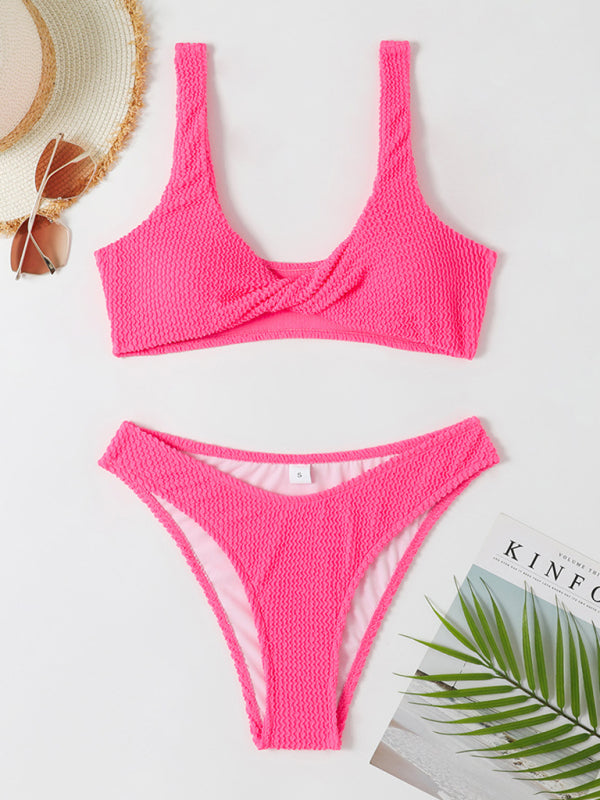 Women's twisted one-piece swimsuit wrinkled wavy fabric bikini - Fashionpara