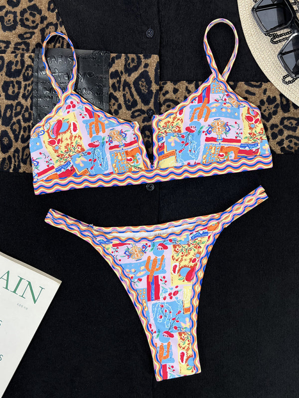 Women's new split swimsuit small V-neck colorful edge ethnic print sexy bikini - Fashionpara