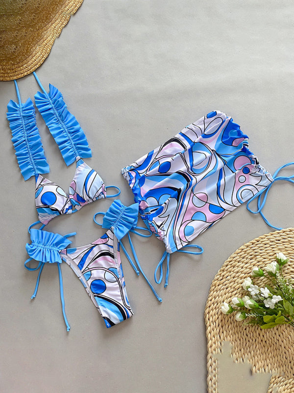 Women's new three-piece bikini ruffled edge split swimsuit - Fashionpara