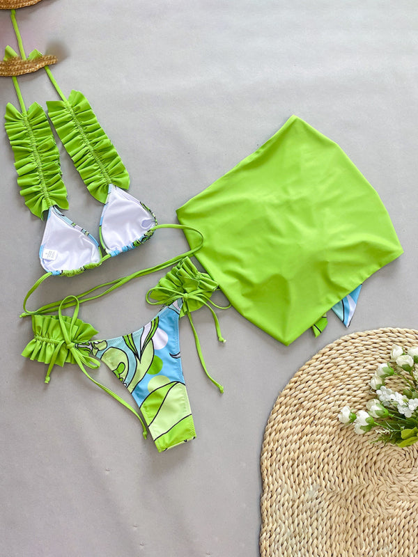 Women's new three-piece bikini ruffled edge split swimsuit - Fashionpara