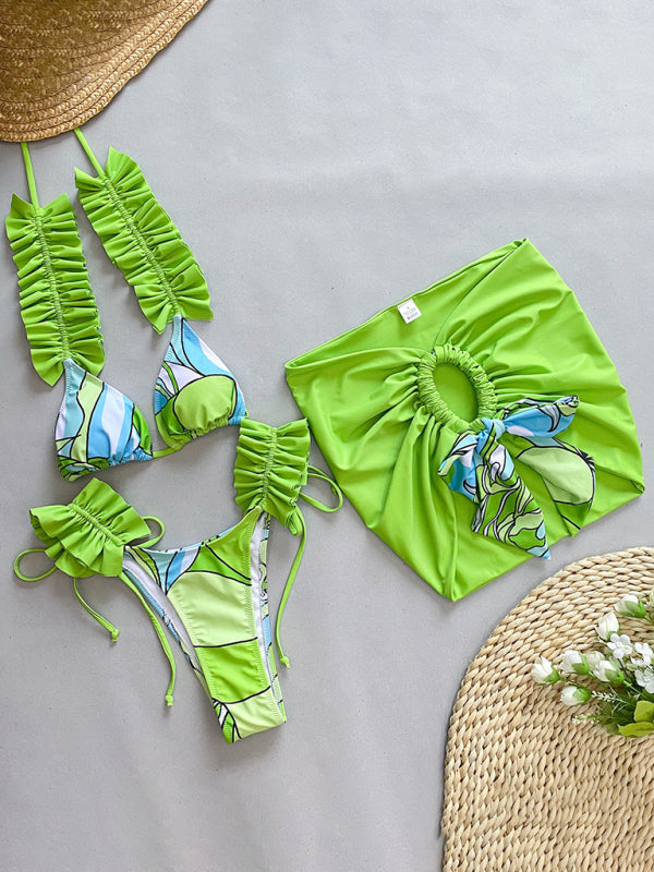 Women's new three-piece bikini ruffled edge split swimsuit - Fashionpara