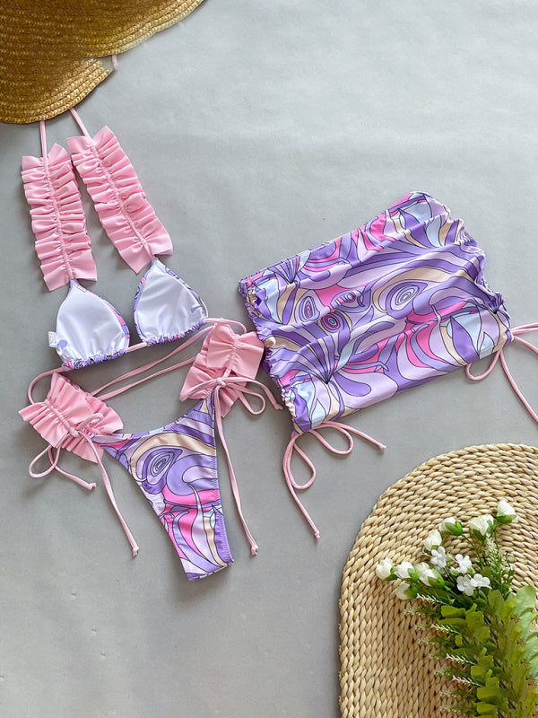 Women's new three-piece bikini ruffled edge split swimsuit - Fashionpara