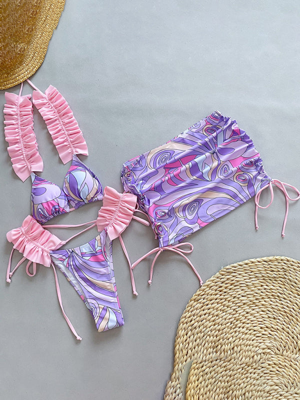 Women's new three-piece bikini ruffled edge split swimsuit - Fashionpara