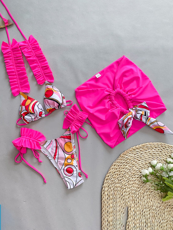 Women's new three-piece bikini ruffled edge split swimsuit - Fashionpara