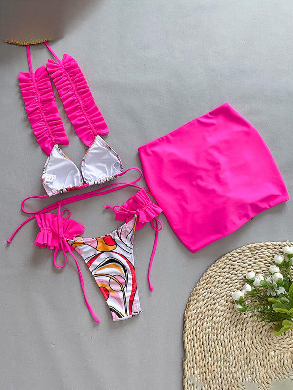 Women's new three-piece bikini ruffled edge split swimsuit - Fashionpara