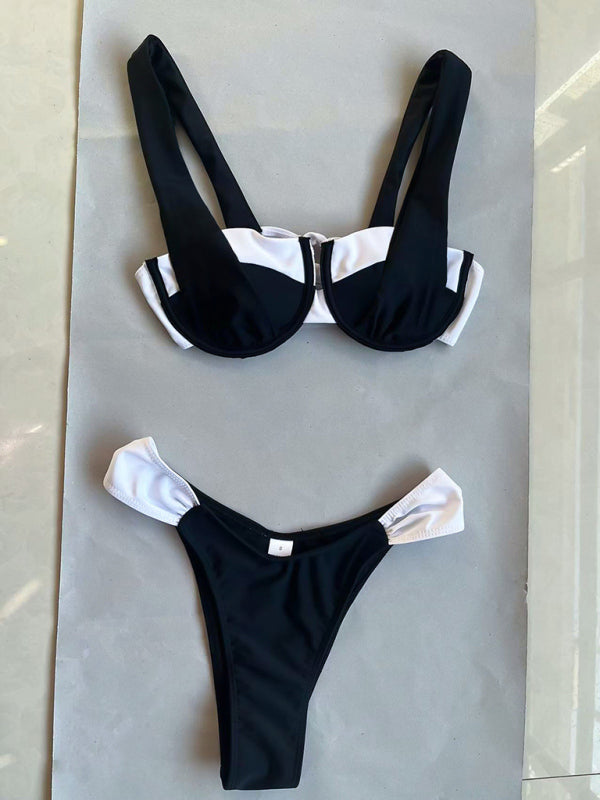 Women's black and white color matching beach strap suspender sexy two piece bikini - Fashionpara