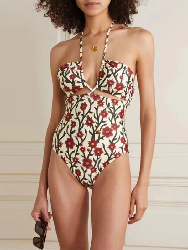Women's new style hollow lace halterneck hip-covering gauze skirt one-piece swimsuit - Fashionpara
