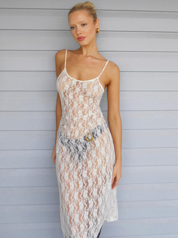 Women's mesh suspender sexy backless long  dress