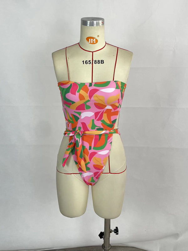 Women's sexy printed belted one-piece bikini - Fashionpara