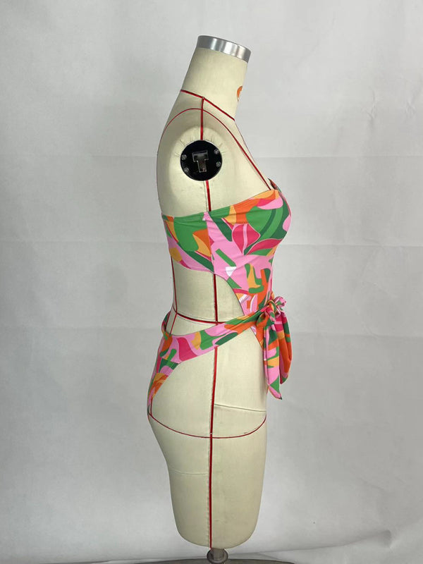 Women's sexy printed belted one-piece bikini - Fashionpara