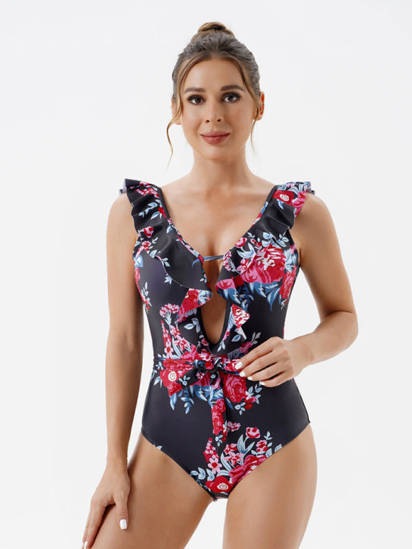 Women's Skinny Backless Floral Print One Piece Swimsuit - Fashionpara