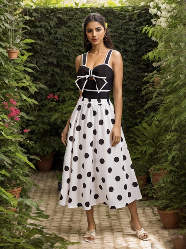 New fashionable vacation sexy bow one-piece swimsuit + polka dot print skirt (single piece) - Fashionpara