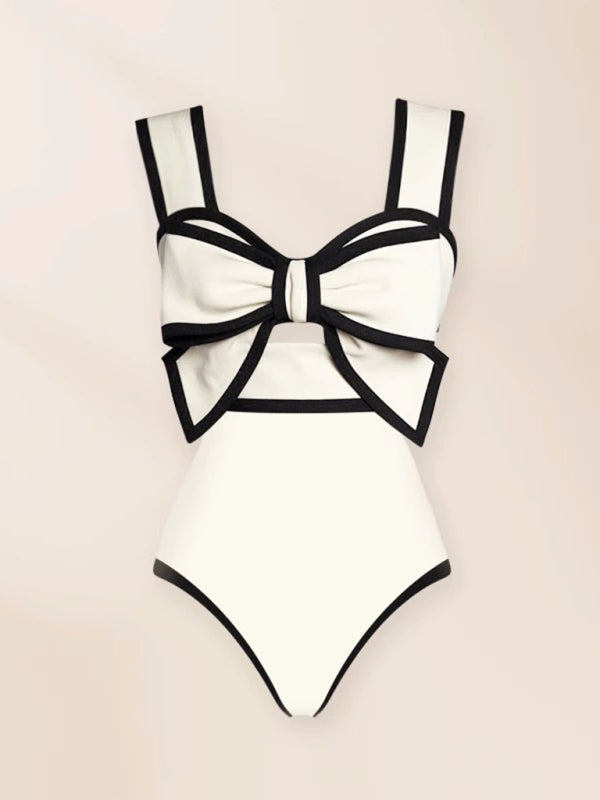 New fashionable vacation sexy bow one-piece swimsuit + polka dot print skirt (single piece) - Fashionpara