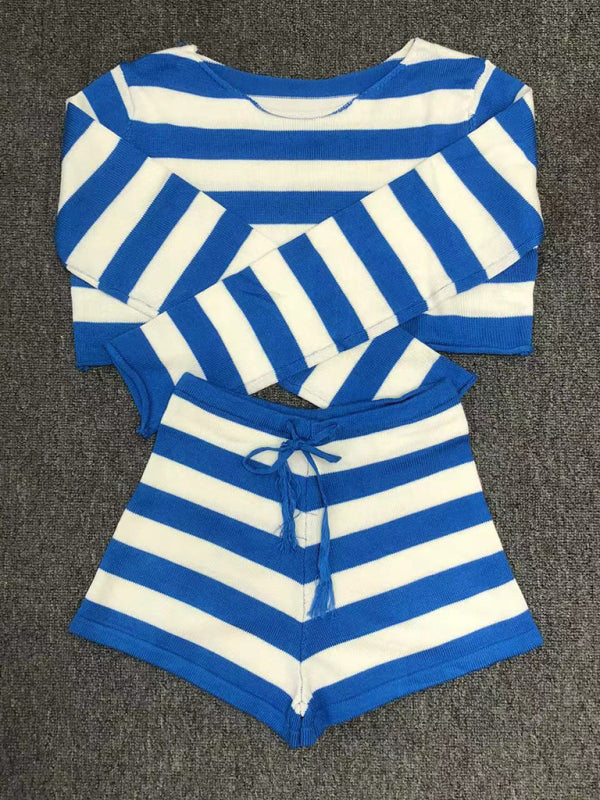 Women's resort casual striped knitted midriff-baring sexy shorts set - Fashionpara