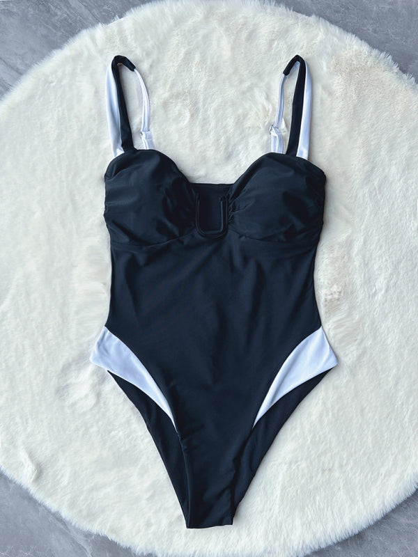 New bikini deep V stitching contrast color one-piece swimsuit - Fashionpara