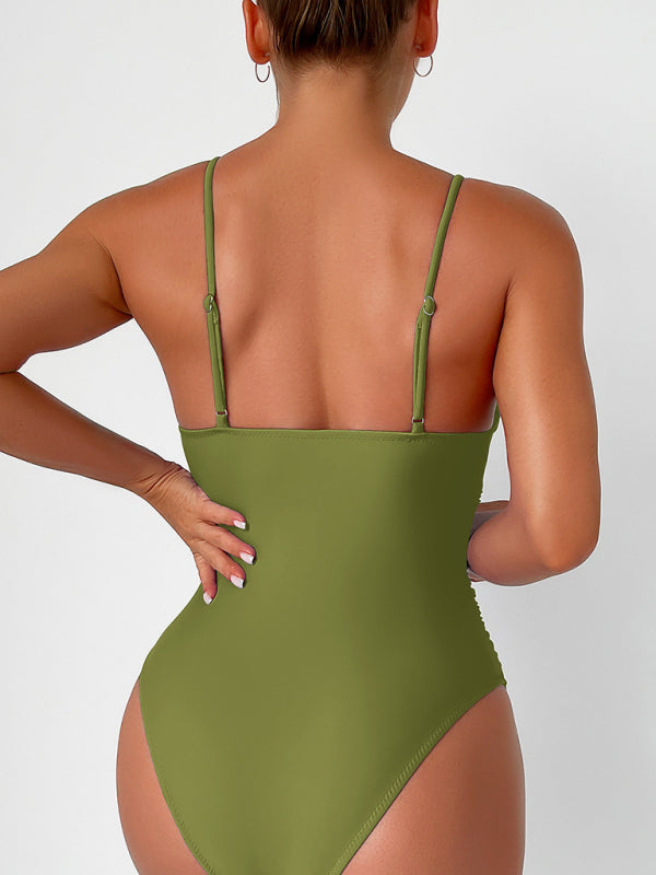 New solid color sexy deep V one-piece swimsuit - Fashionpara