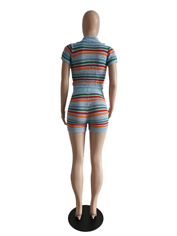 New sexy knitted contrasting color short-sleeved shorts casual two-piece set - Fashionpara