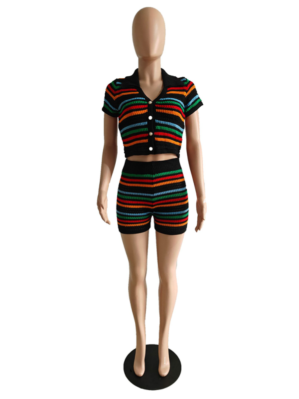 New sexy knitted contrasting color short-sleeved shorts casual two-piece set - Fashionpara