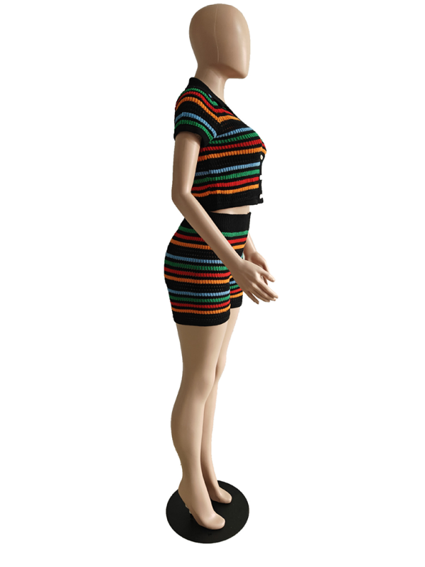New sexy knitted contrasting color short-sleeved shorts casual two-piece set - Fashionpara