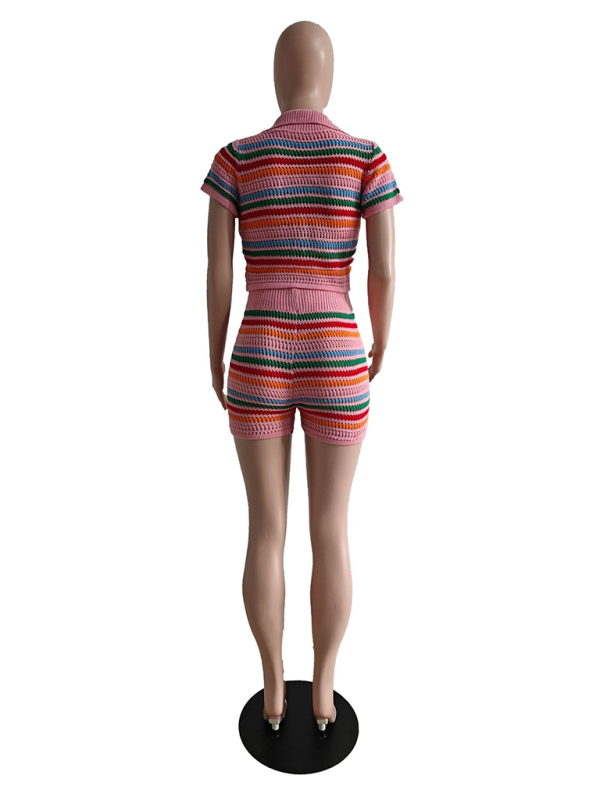 New sexy knitted contrasting color short-sleeved shorts casual two-piece set - Fashionpara