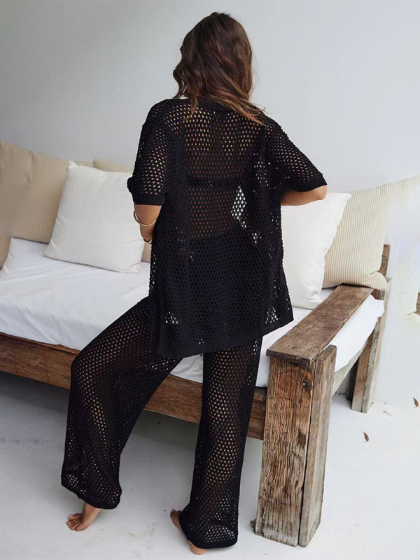 Fashionable sexy comfortable mesh buttoned woolen trousers and short-sleeved shirt suit - Fashionpara