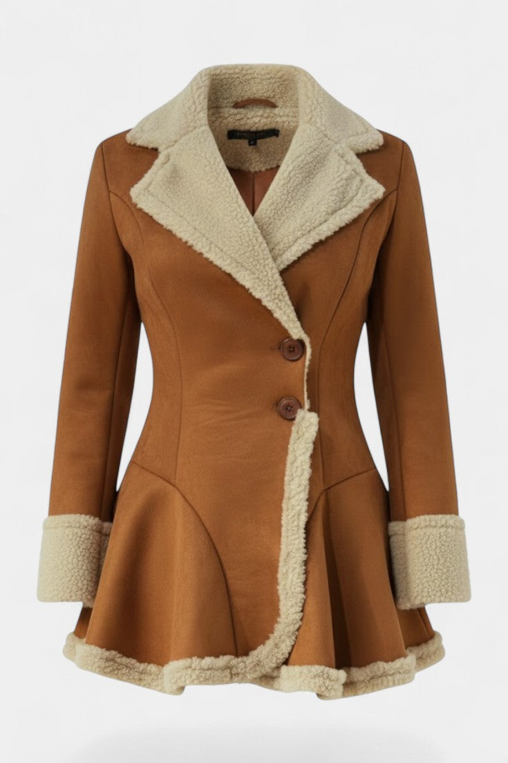 Faux Shearling Notch Collar Button Front Peplum Coat 5