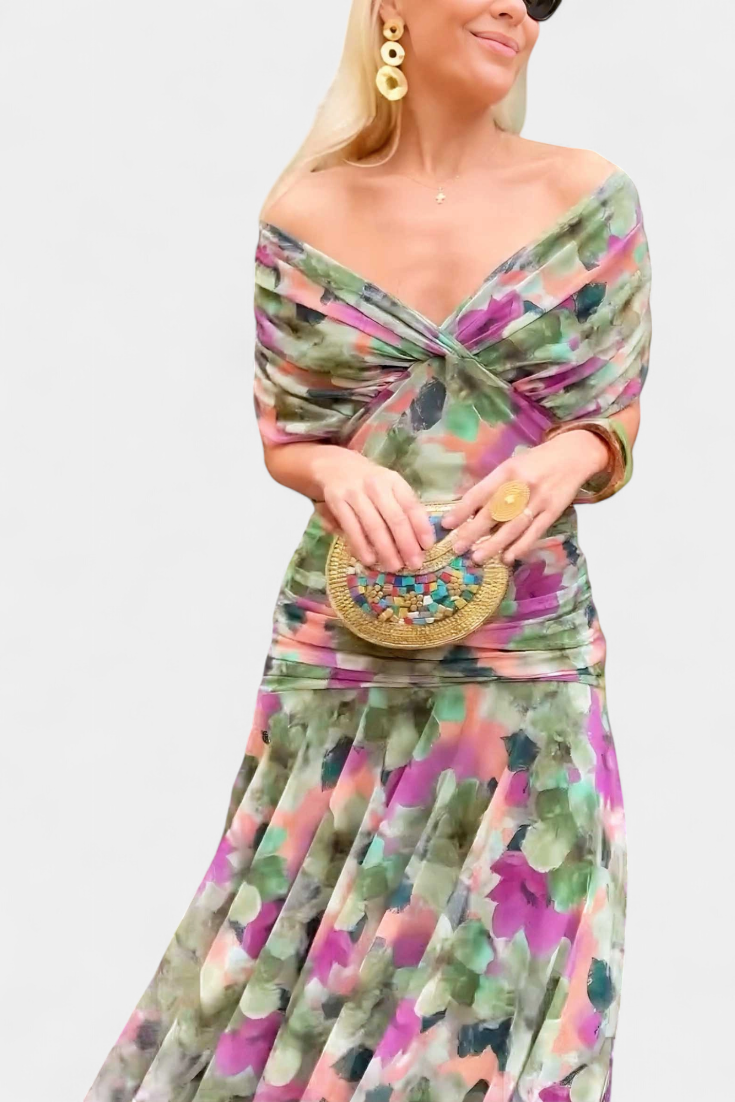 Deep V-Neck Ruched Draped Mesh Midi Dress 4