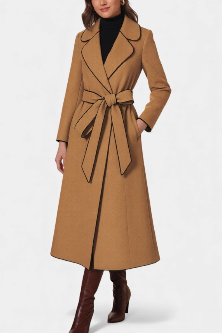 Contrast Trim Belted Longline Coat