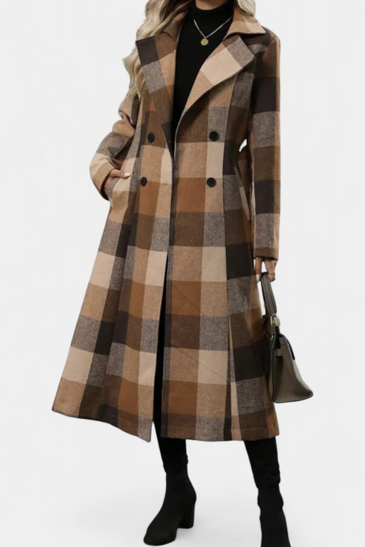 Plaid Double Breasted Notched Lapel Belted Longline Coat 2