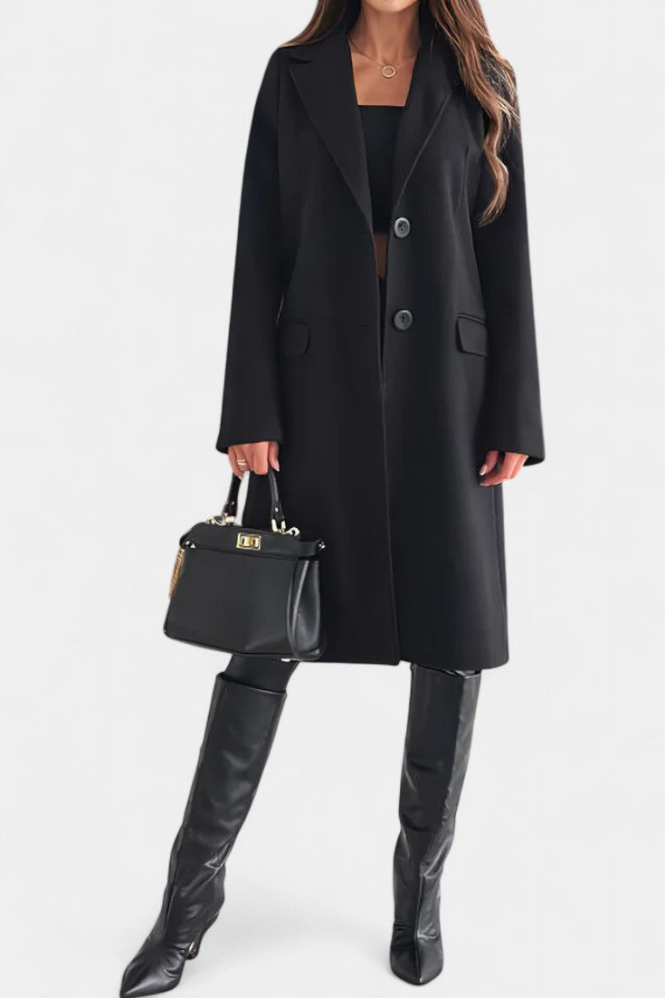 Notched Collar Single Breasted Mid Length Coat