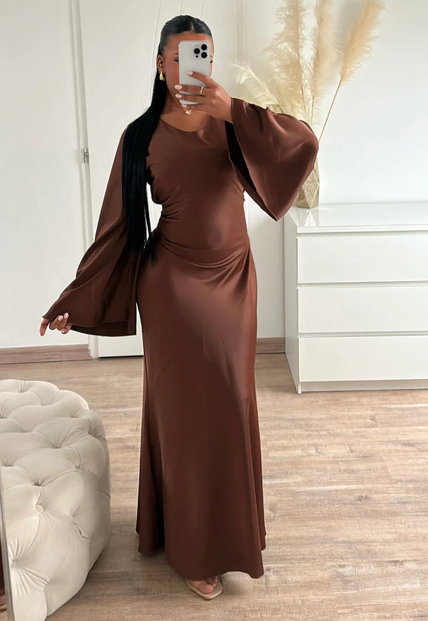 Satin Scoop Neck Bell Sleeve Ruched Waist Mermaid Maxi Dress - View 7